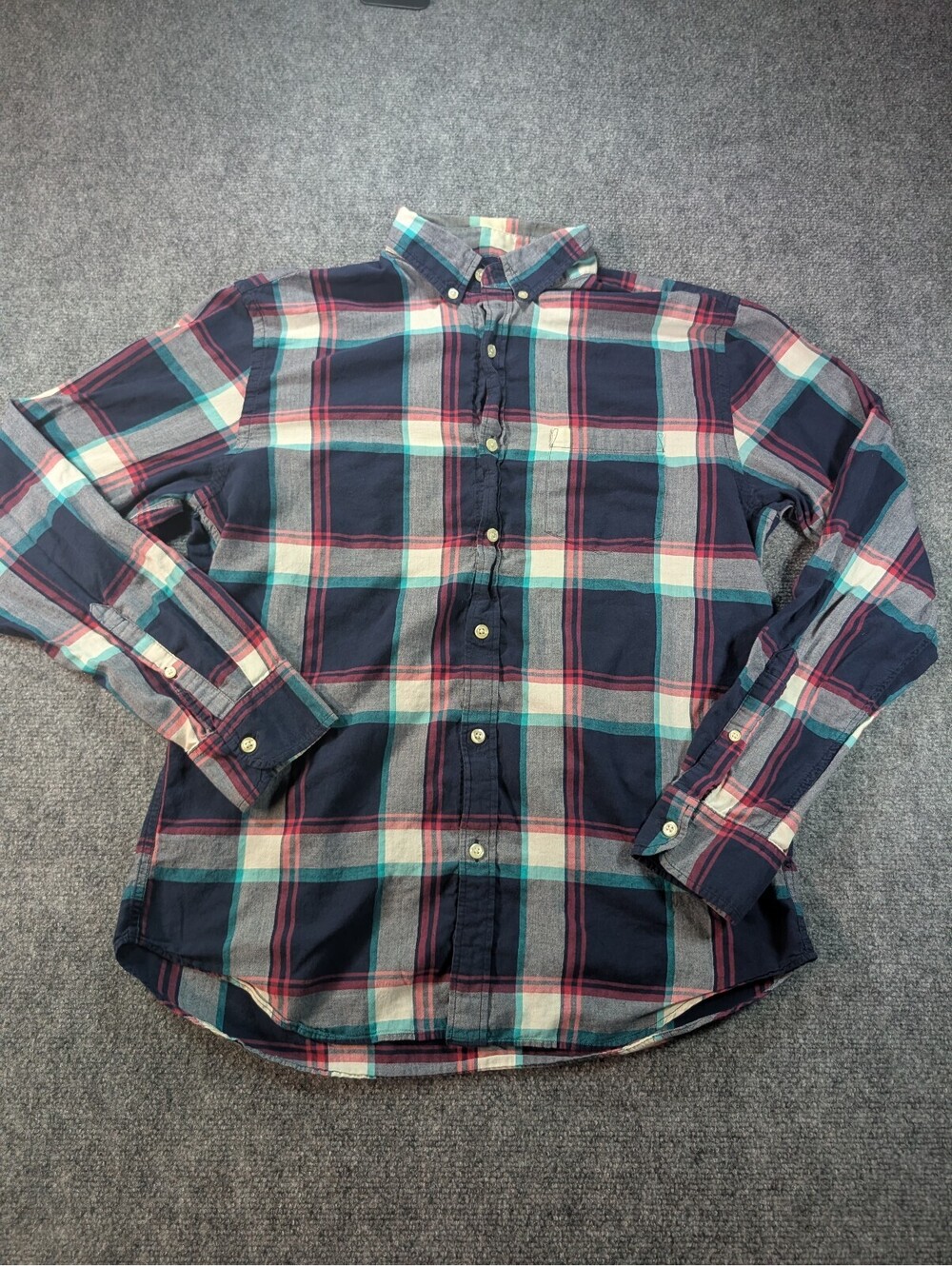 J.Crew Men's Large Navy White Button-Down Plaid Shirt Cotton